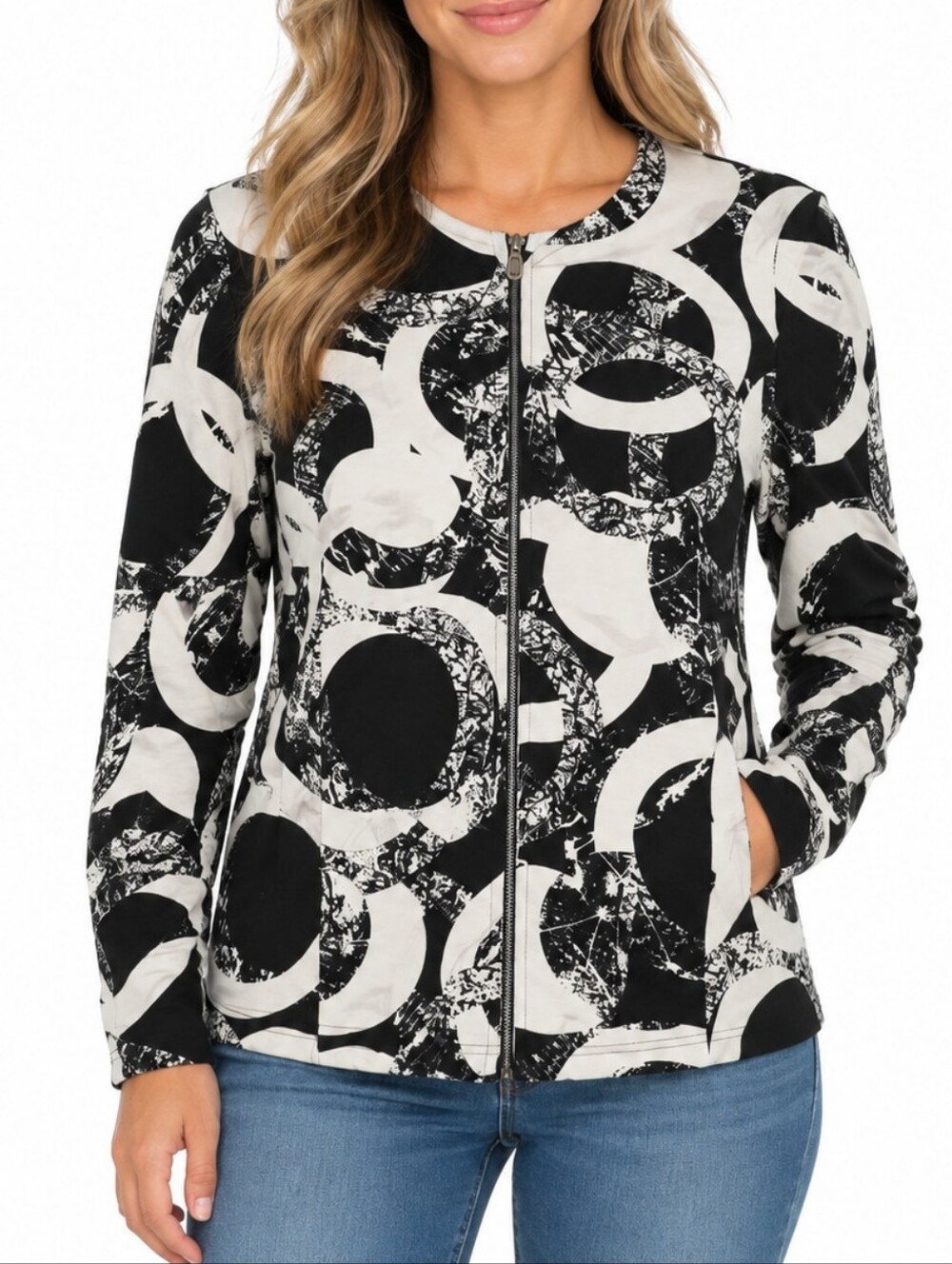 Joseph Ribkoff Black White Geometric Abstract Zip Jacket Size M
